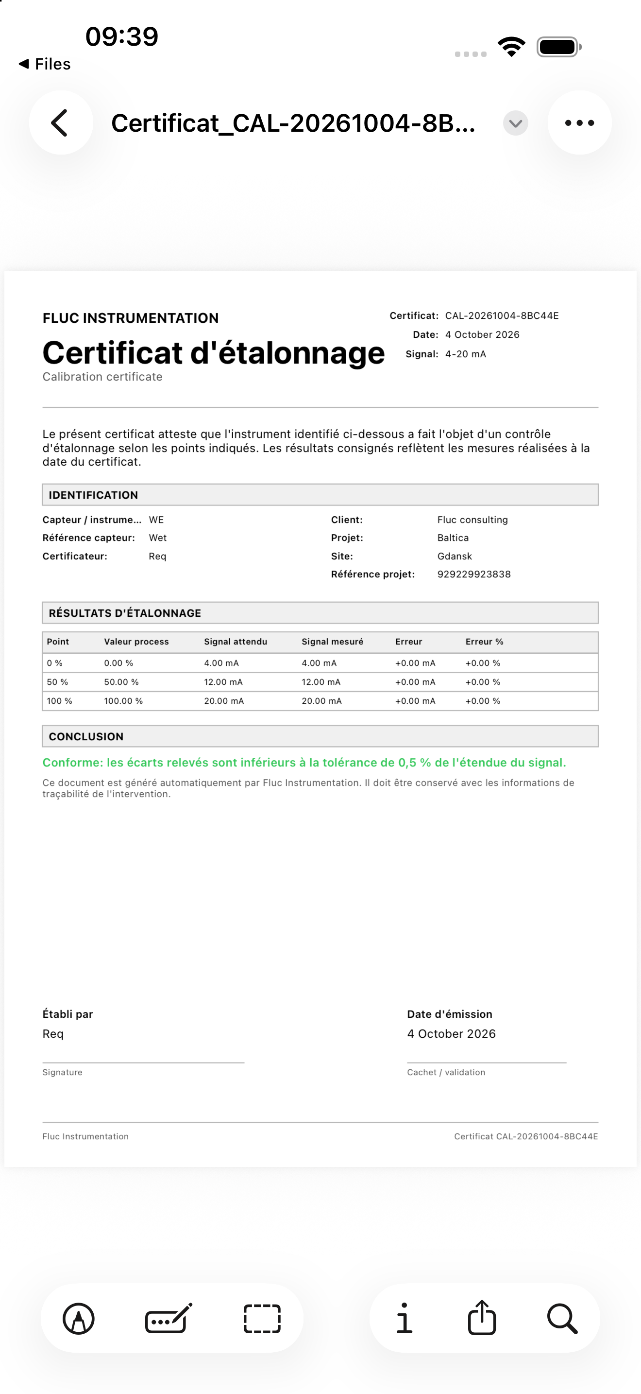Certificat d’étalonnage généré par FLUC Instrumentation avec tableau de résultats 4–20 mA